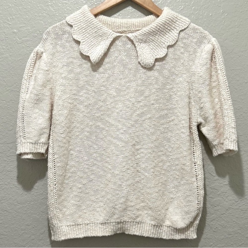 Universal Thread Cream Bell Short Sleeve Collared Pullover Knit Sweater, size L